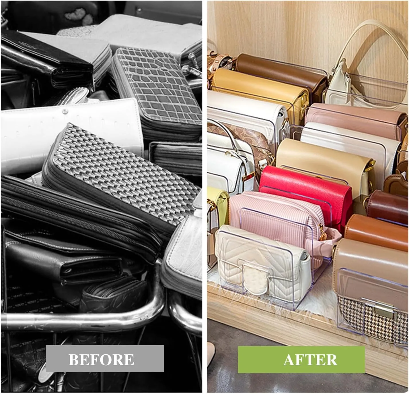 2 Pcs Purse Organizer for Closet, Acrylic Clear Purse Storage Organizers, Closet Organizers and Storage Purse Handbag Divider Holder, 4 Sections Purse Organizers Dividers in Bedroom Office (green)