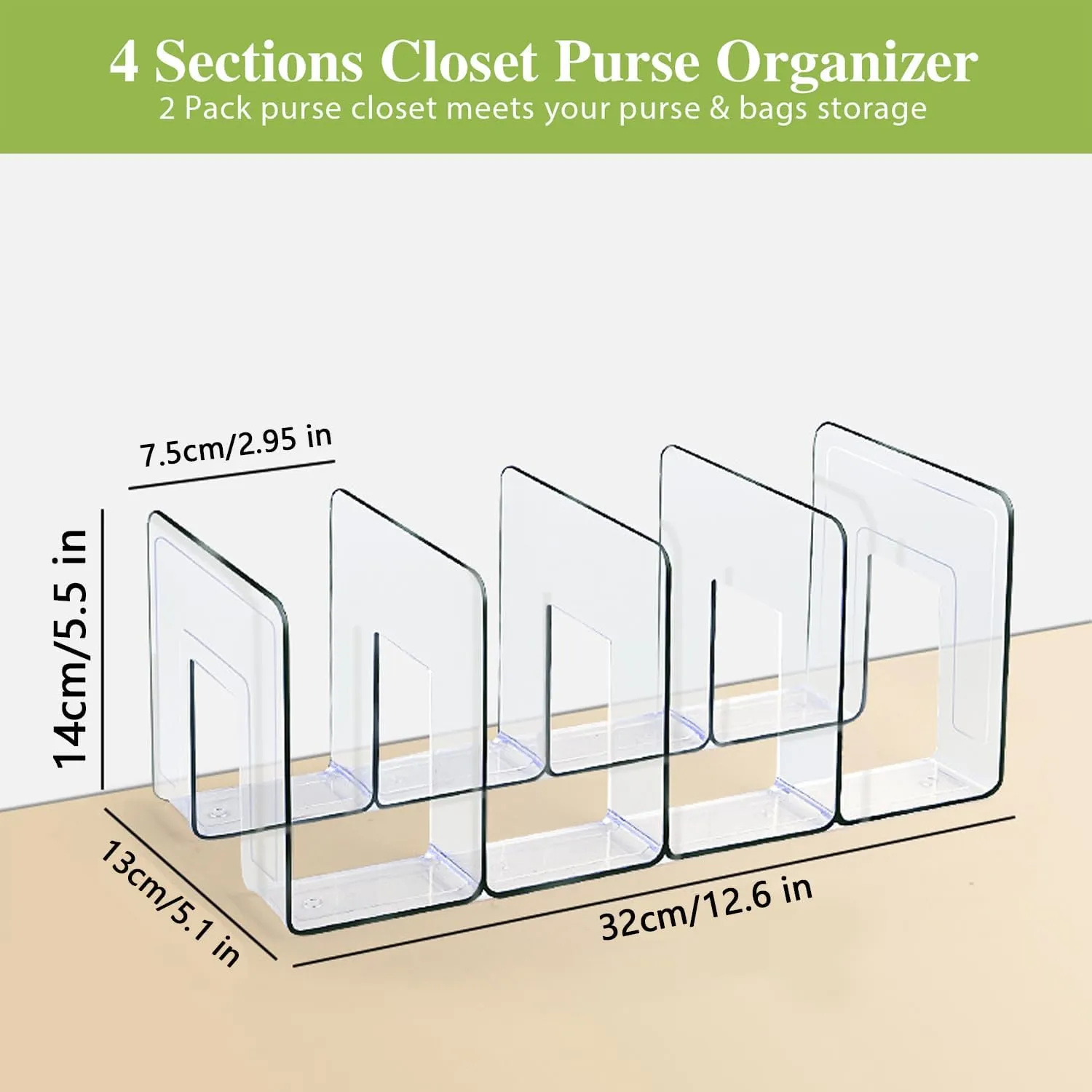 2 Pcs Purse Organizer for Closet, Acrylic Clear Purse Storage Organizers, Closet Organizers and Storage Purse Handbag Divider Holder, 4 Sections Purse Organizers Dividers in Bedroom Office (green)