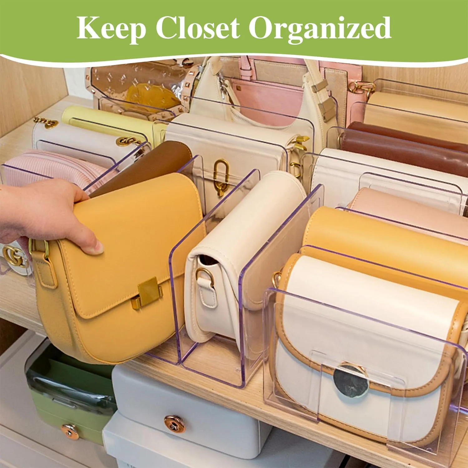 2 Pcs Purse Organizer for Closet, Acrylic Clear Purse Storage Organizers, Closet Organizers and Storage Purse Handbag Divider Holder, 4 Sections Purse Organizers Dividers in Bedroom Office (white)