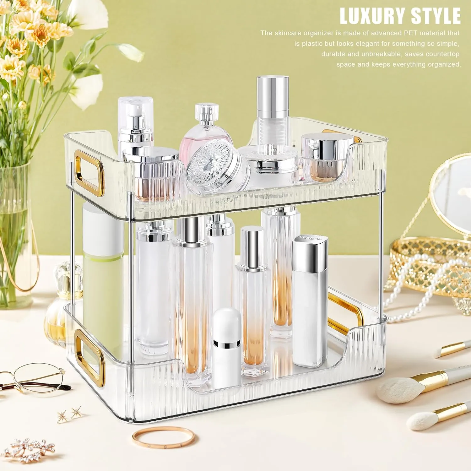 2-Tier Bathroom Counter Organizer Countertop Storage, Dresser Organizer Vanity Tray for Makeup, Perfume Organizer Cosmetics Skincare Shelf - Clear