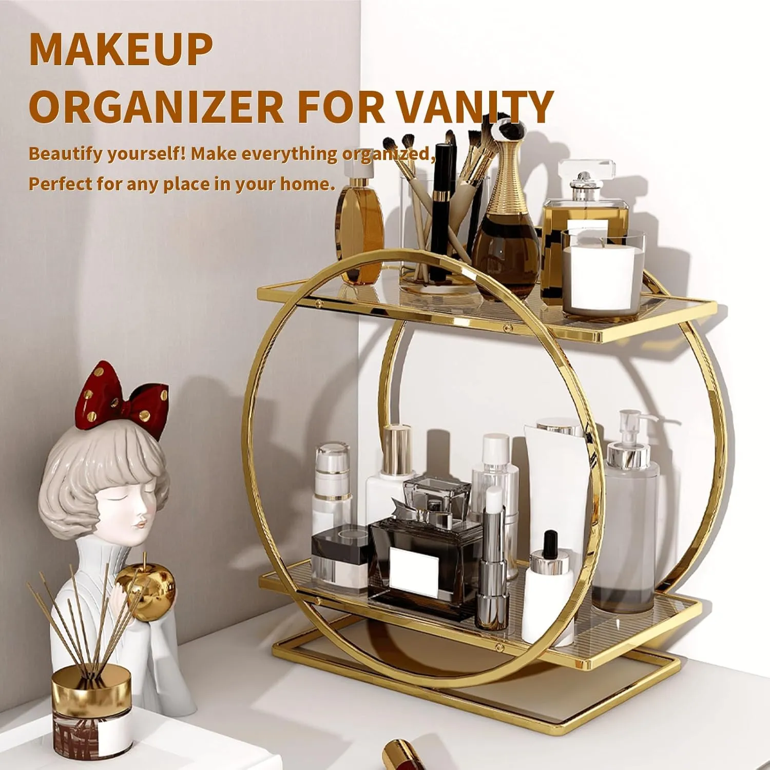 2 Tier Perfume Organizer for Dresser, Bathroom Counter Storage, Gold Accessories Makeup Tray for Vanity, Skincare Cosmetic Display Holder