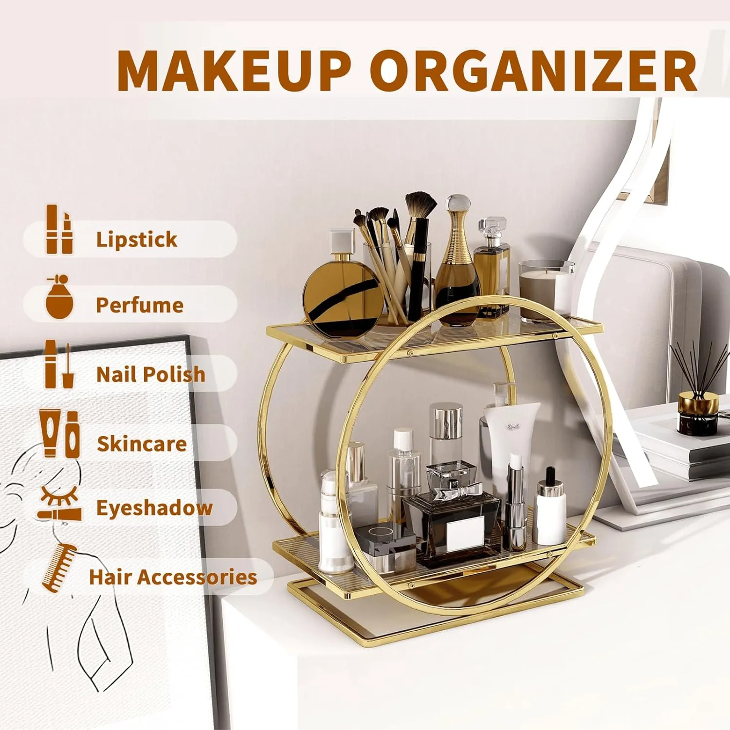 2 Tier Perfume Organizer for Dresser, Bathroom Counter Storage, Gold Accessories Makeup Tray for Vanity, Skincare Cosmetic Display Holder