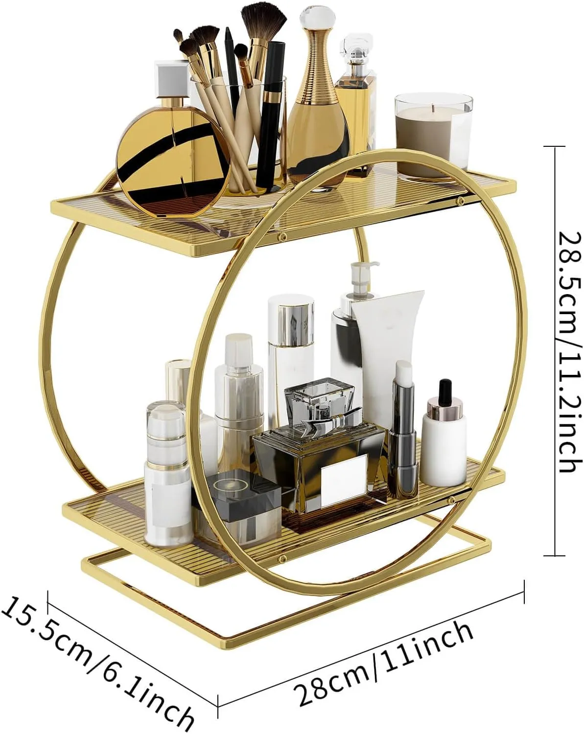 2 Tier Perfume Organizer for Dresser, Bathroom Counter Storage, Gold Accessories Makeup Tray for Vanity, Skincare Cosmetic Display Holder