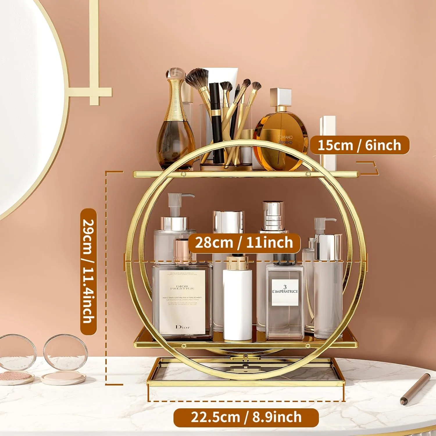 2 Tier Perfume Organizer for Dresser, Bathroom Counter Storage, Gold Accessories Makeup Tray for Vanity, Skincare Cosmetic Display Holder