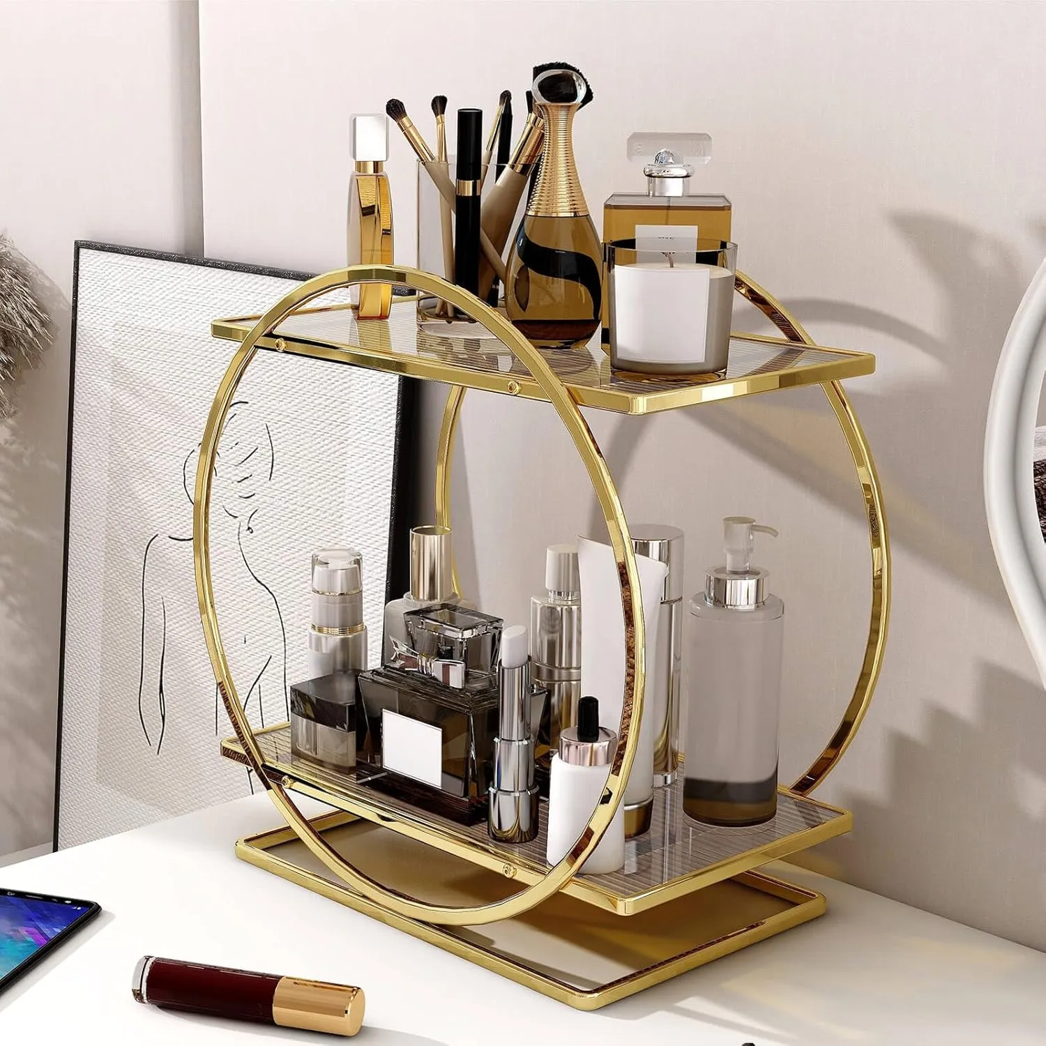 2 Tier Perfume Organizer for Dresser, Bathroom Counter Storage, Gold Accessories Makeup Tray for Vanity, Skincare Cosmetic Display Holder