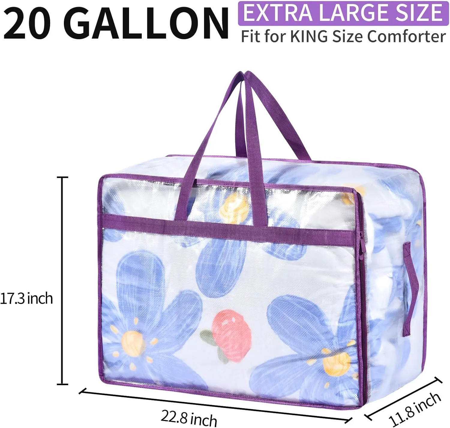 20 Gallon Large Clear Blanket Storage Bags for Bedding with Zipper Handles, 76L Oversized Comforter Storage Bag King Size, Folding Plastic Bedding Storage for Clothes, Bed Sheet, Pillow, Toys, 4Pack