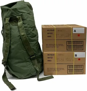 2019 Pack Date – 2022 Inspection – 24 Military MREs (A and B Case) w/Previously Issued (Used) USGI Duffel Bag.