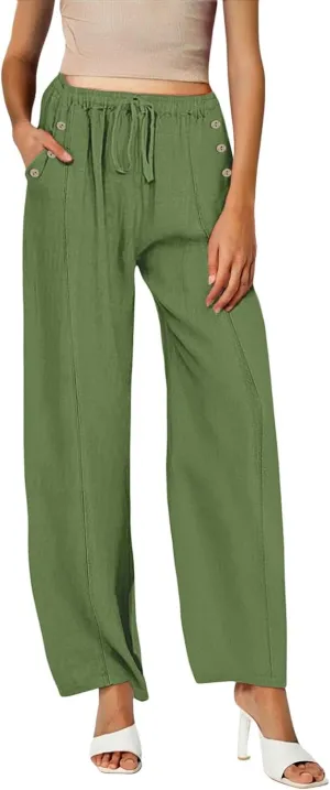 2025 Linen Pants Women Summer Beach Lounge Palazzo Trousers Loose Elastic Plus Size Drawstring with Pockets Pants