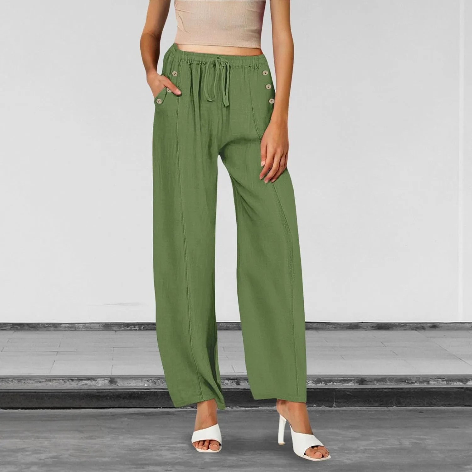 2025 Linen Pants Women Summer Beach Lounge Palazzo Trousers Loose Elastic Plus Size Drawstring with Pockets Pants