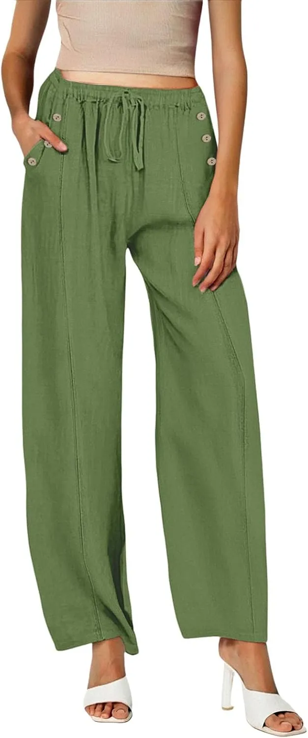 2025 Linen Pants Women Summer Beach Lounge Palazzo Trousers Loose Elastic Plus Size Drawstring with Pockets Pants
