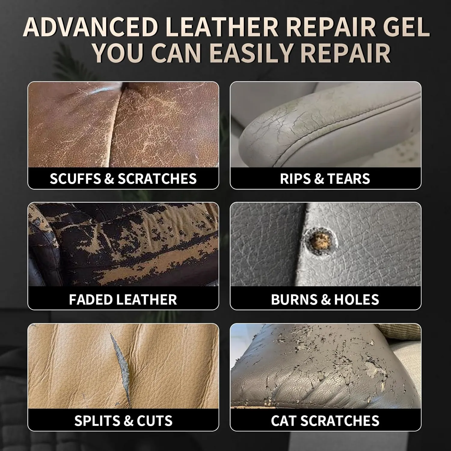 2025 Upgrade Advanced Leather Repair Gel, Leather Repairs for Car Seat Vinyl Repair Kit, Multifunctional Leathers Repair Kits for Car Seat Couch and Jacket Repair Kit (Black)