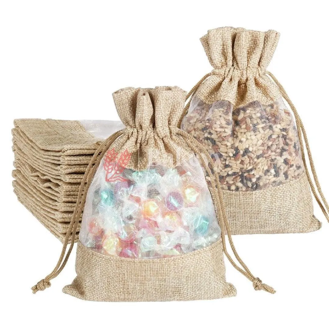 20x25 CM | Natural | Jute Potli Window Bag | Gift Return Gifts Bags| Drawstring Bags