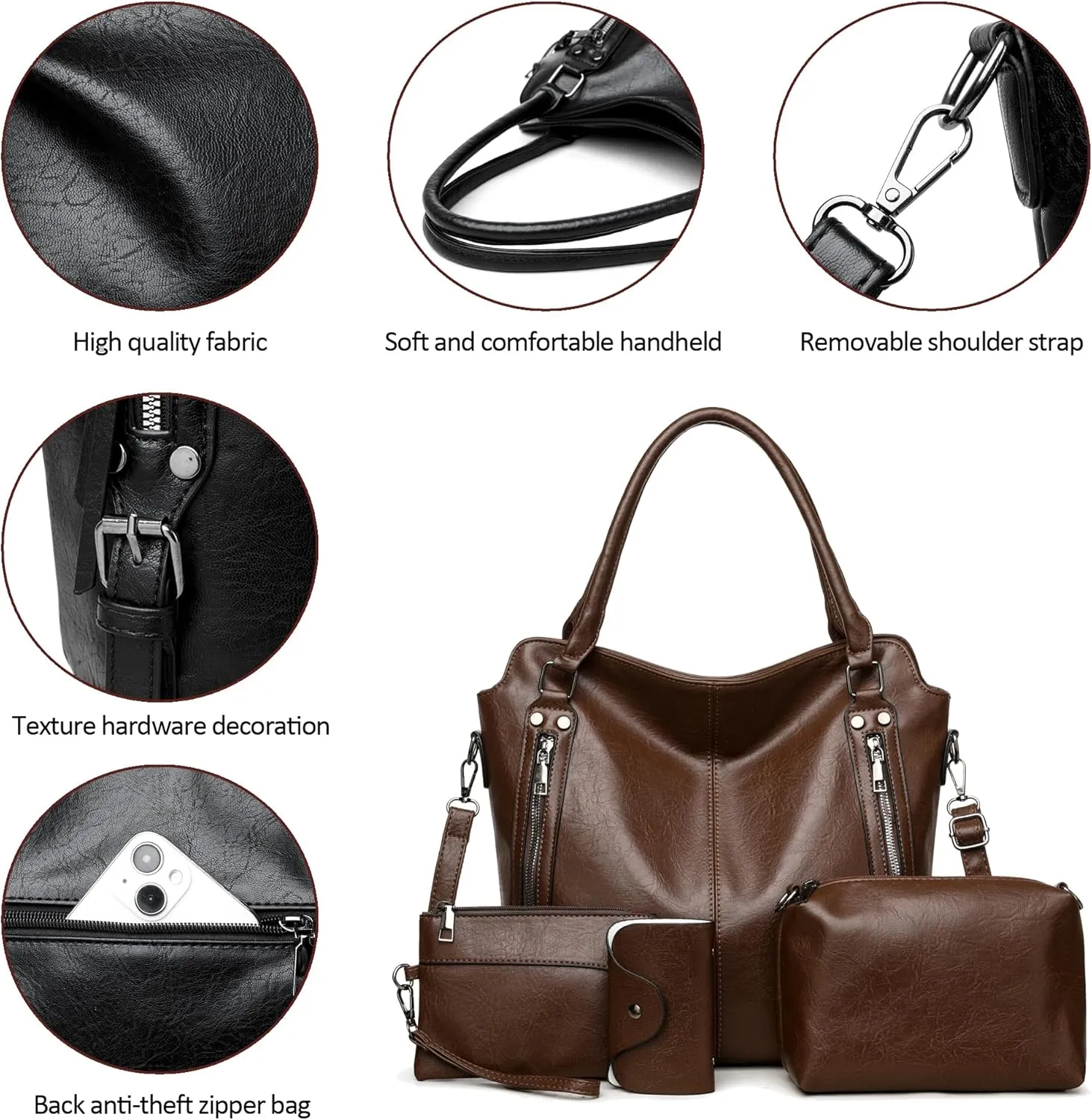 2E-youth Purses for Women Large Tote Women's Handbag Set Faux Leather Hobo Crossbody Bag 4pcs