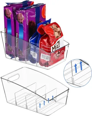 2Pack Clear Pantry Organizer Storage Bins Removable Snack Organizer Plastic Cabinet Organizers Racks with 3 Dividers,Refrigerator Bins,Kitchen Organization Kitchen Storage