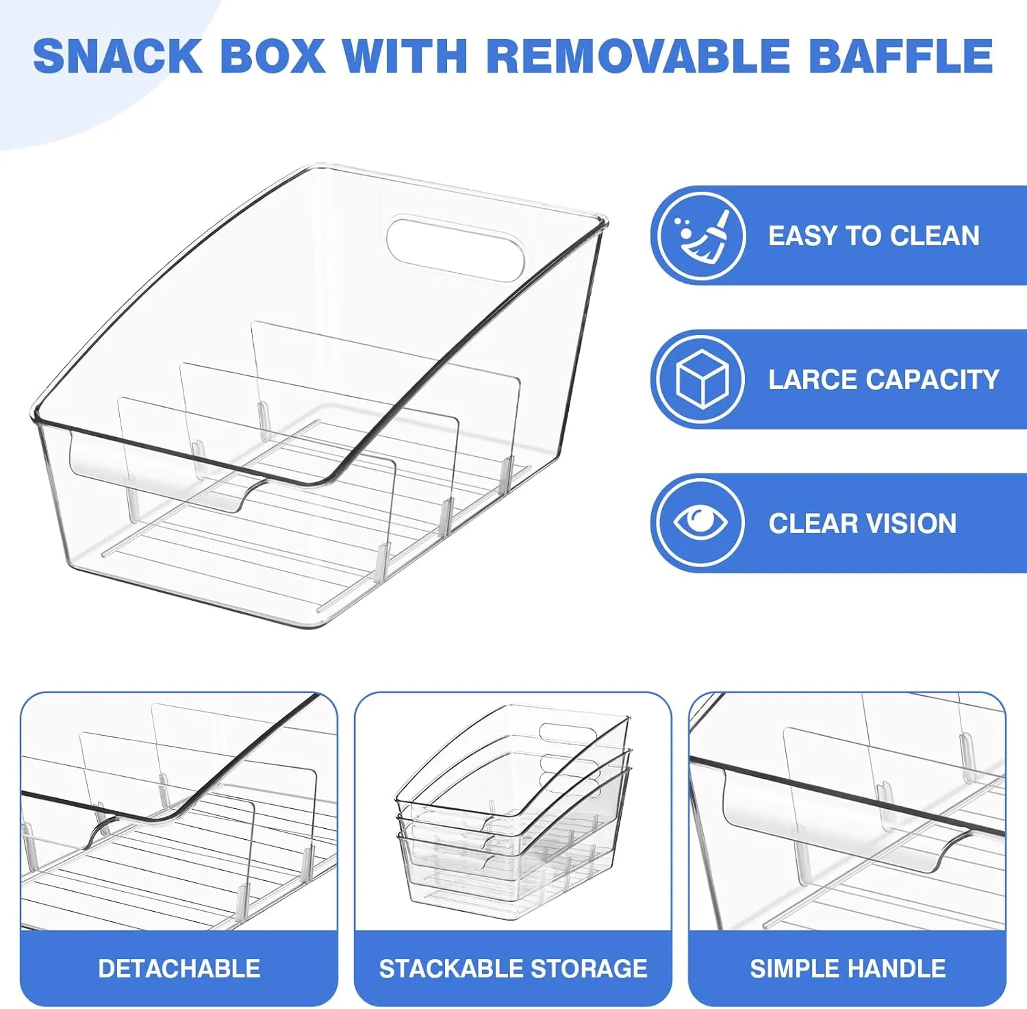 2Pack Clear Pantry Organizer Storage Bins Removable Snack Organizer Plastic Cabinet Organizers Racks with 3 Dividers,Refrigerator Bins,Kitchen Organization Kitchen Storage