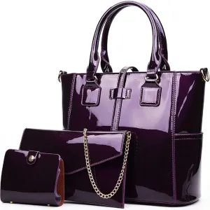 3-PC Patent Women Handbag Crossbody Bag Card Bag Shiny Faux Leather Top Handle Satchel Shoulder Tote Bag Purses