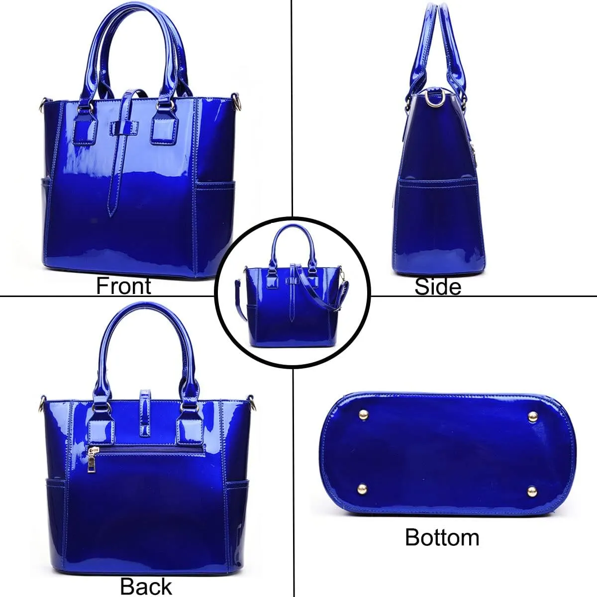 3-PC Patent Women Handbag Crossbody Bag Card Bag Shiny Faux Leather Top Handle Satchel Shoulder Tote Bag Purses