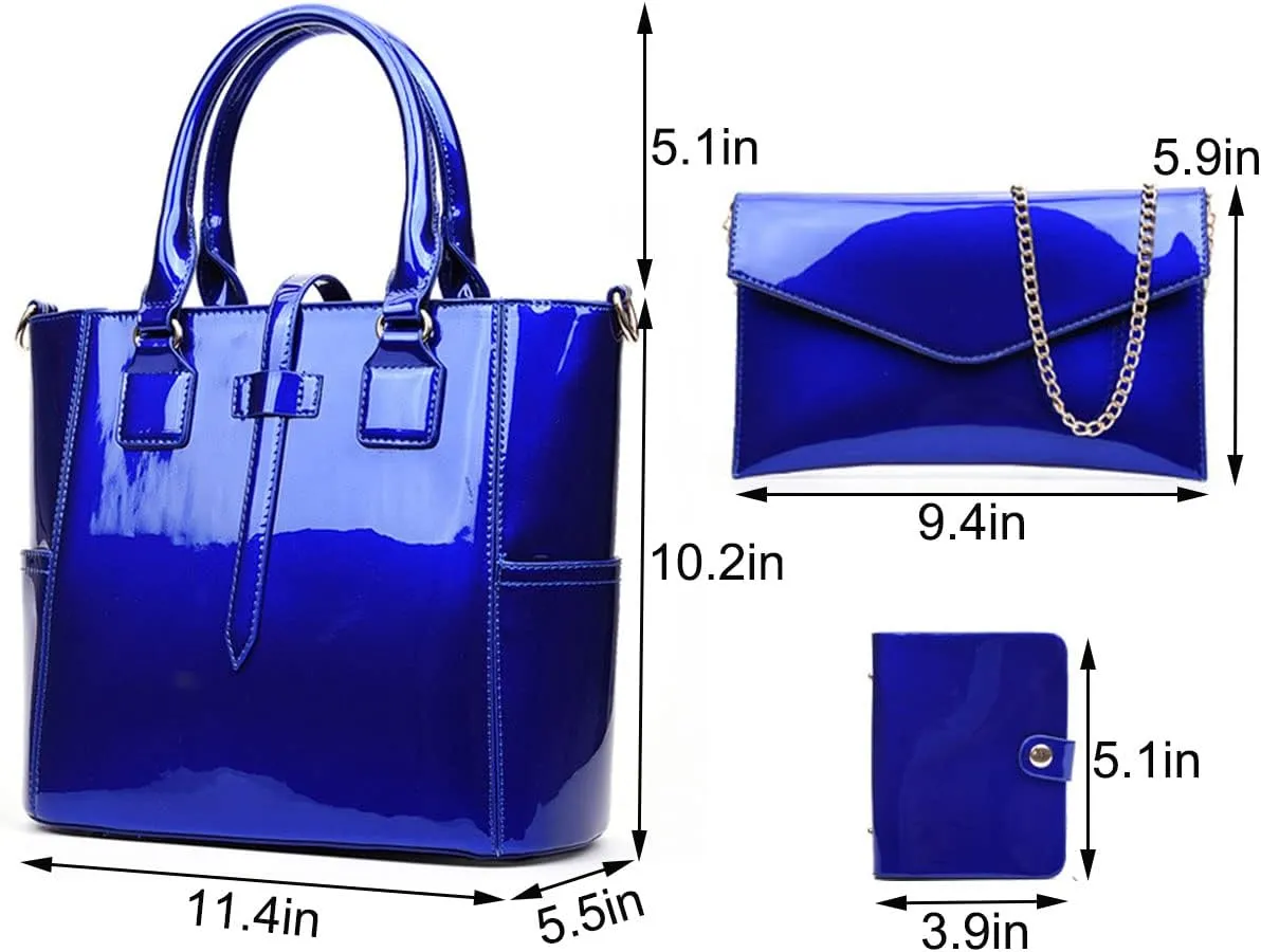 3-PC Patent Women Handbag Crossbody Bag Card Bag Shiny Faux Leather Top Handle Satchel Shoulder Tote Bag Purses