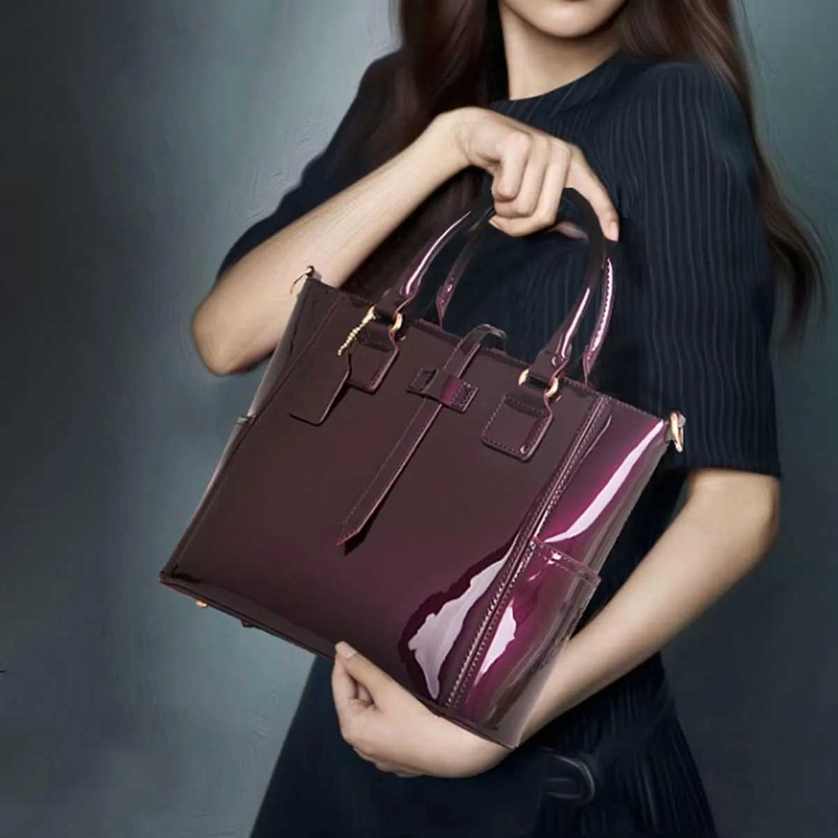 3-PC Patent Women Handbag Crossbody Bag Card Bag Shiny Faux Leather Top Handle Satchel Shoulder Tote Bag Purses