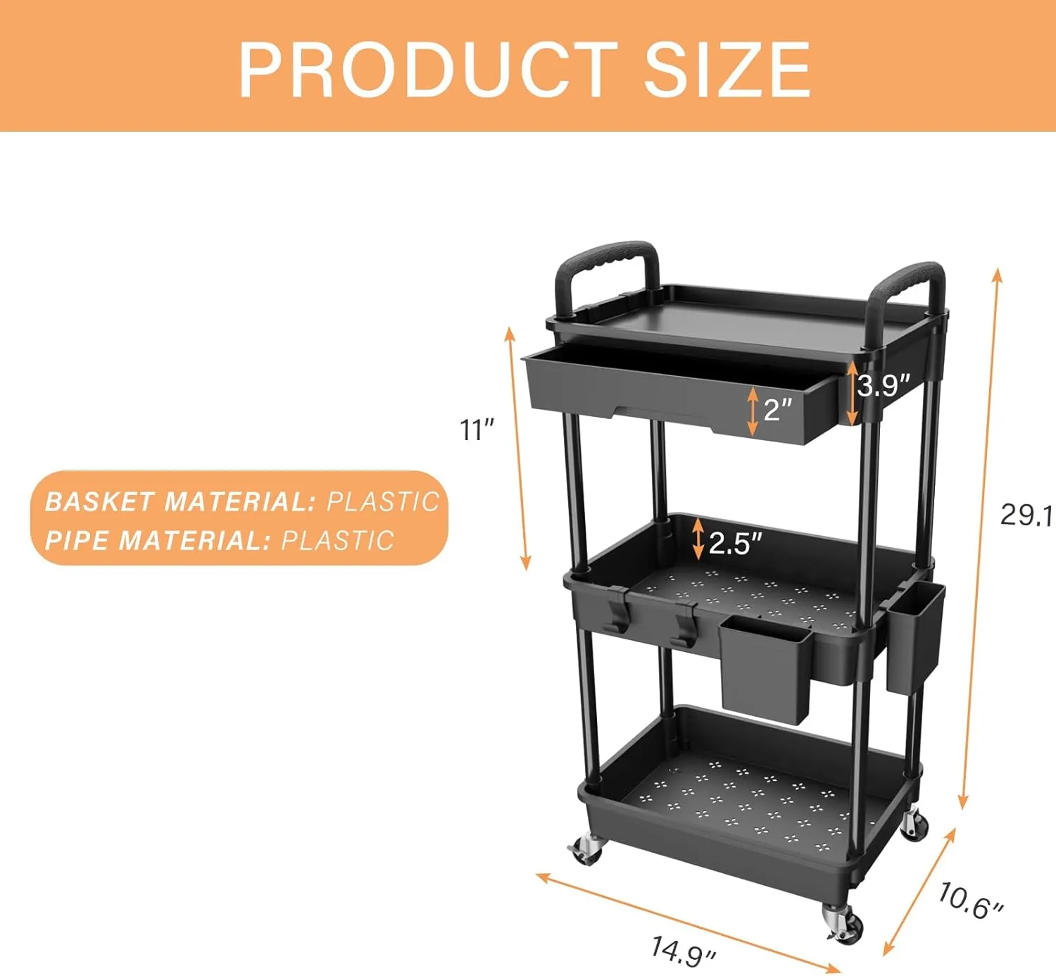3 Tier Rolling Utility Cart with Drawer,REBECAT Utility Cart Made of Multifunctional Storage Organizer Tool for Kitchen,Bathroom,Living Room,Office(Black)