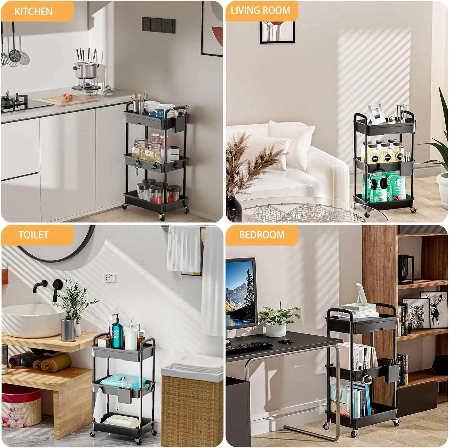 3 Tier Rolling Utility Cart with Drawer,REBECAT Utility Cart Made of Multifunctional Storage Organizer Tool for Kitchen,Bathroom,Living Room,Office(Black)