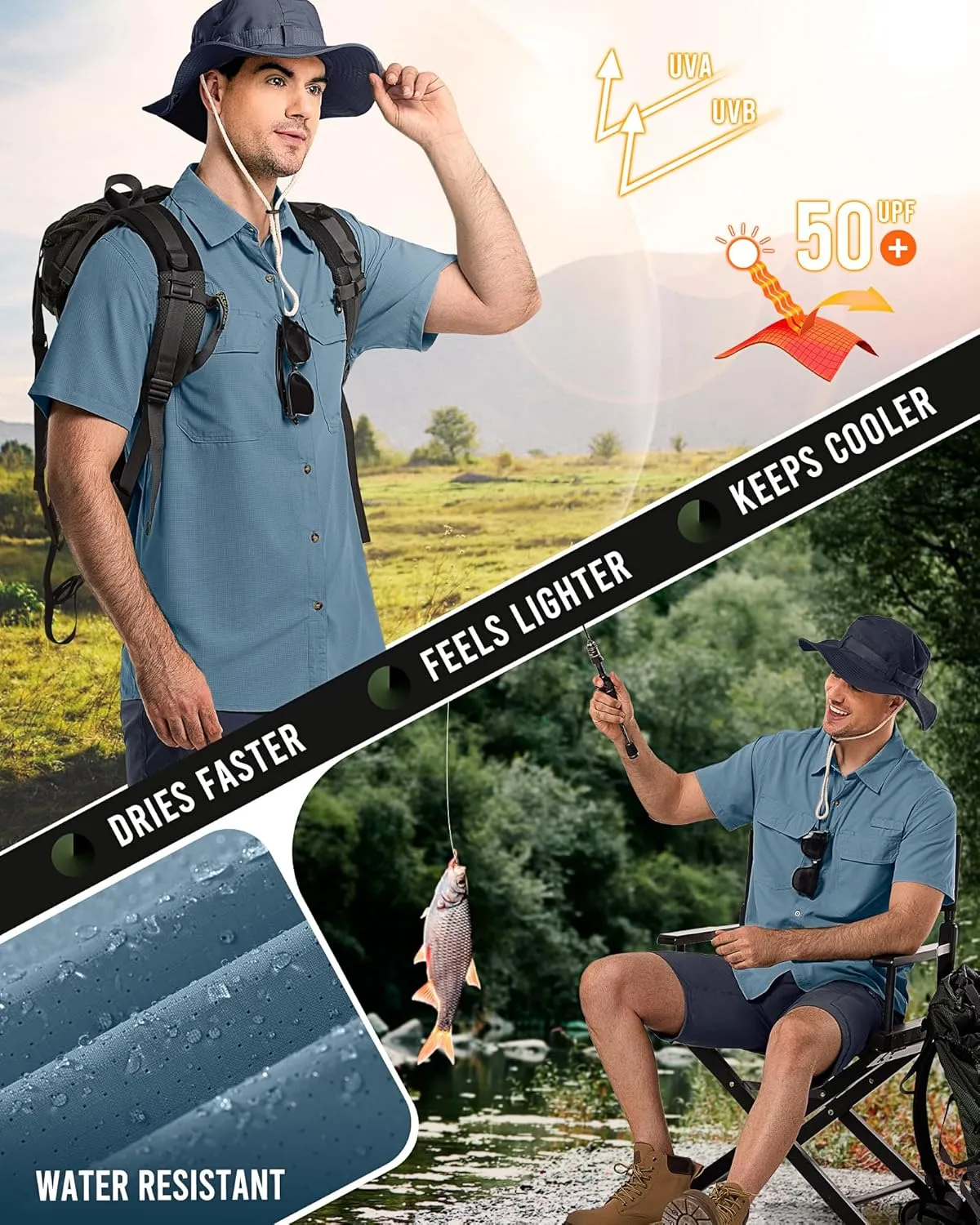 33,000ft Men's UPF 50  UV Short Sleeve Hiking Fishing Shirt Quick Dry Cooling PFG Sun Protection Shirt for Travel Safari