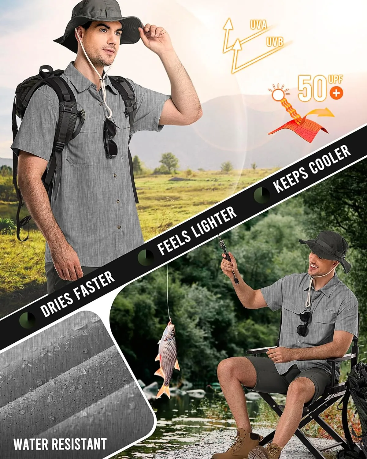 33,000ft Men's UPF 50  UV Short Sleeve Hiking Fishing Shirt Quick Dry Cooling PFG Sun Protection Shirt for Travel Safari