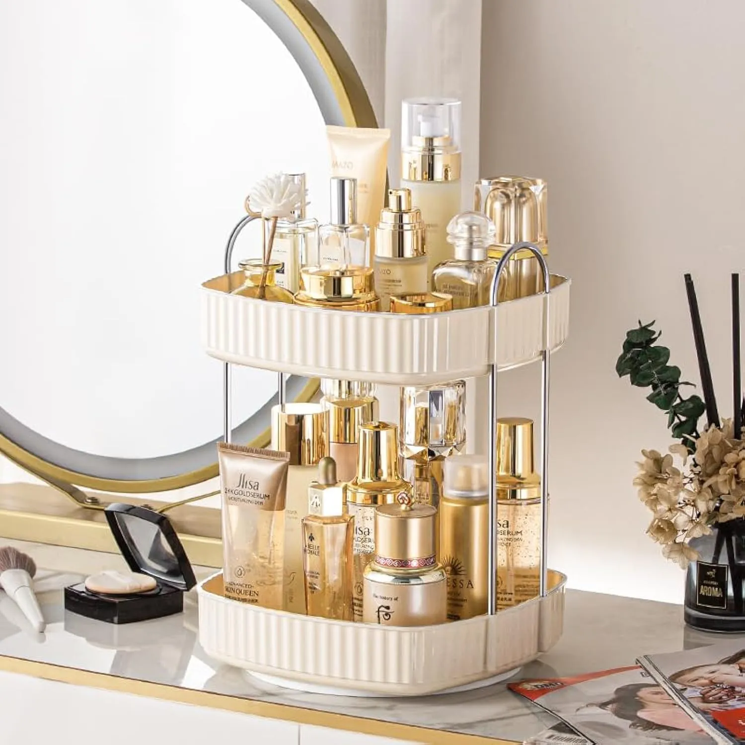 360 Rotating Makeup Organizer, Spinning Bathroom Countertop, Large Capacity Cosmetics Skincare Organizer for Vanity Dresser Table (Cream, 2 Tiers)