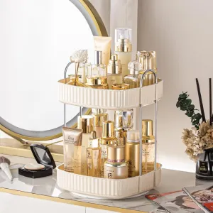 360 Rotating Makeup Organizer, Spinning Bathroom Countertop, Large Capacity Cosmetics Skincare Organizer for Vanity Dresser Table (Cream, 2 Tiers)