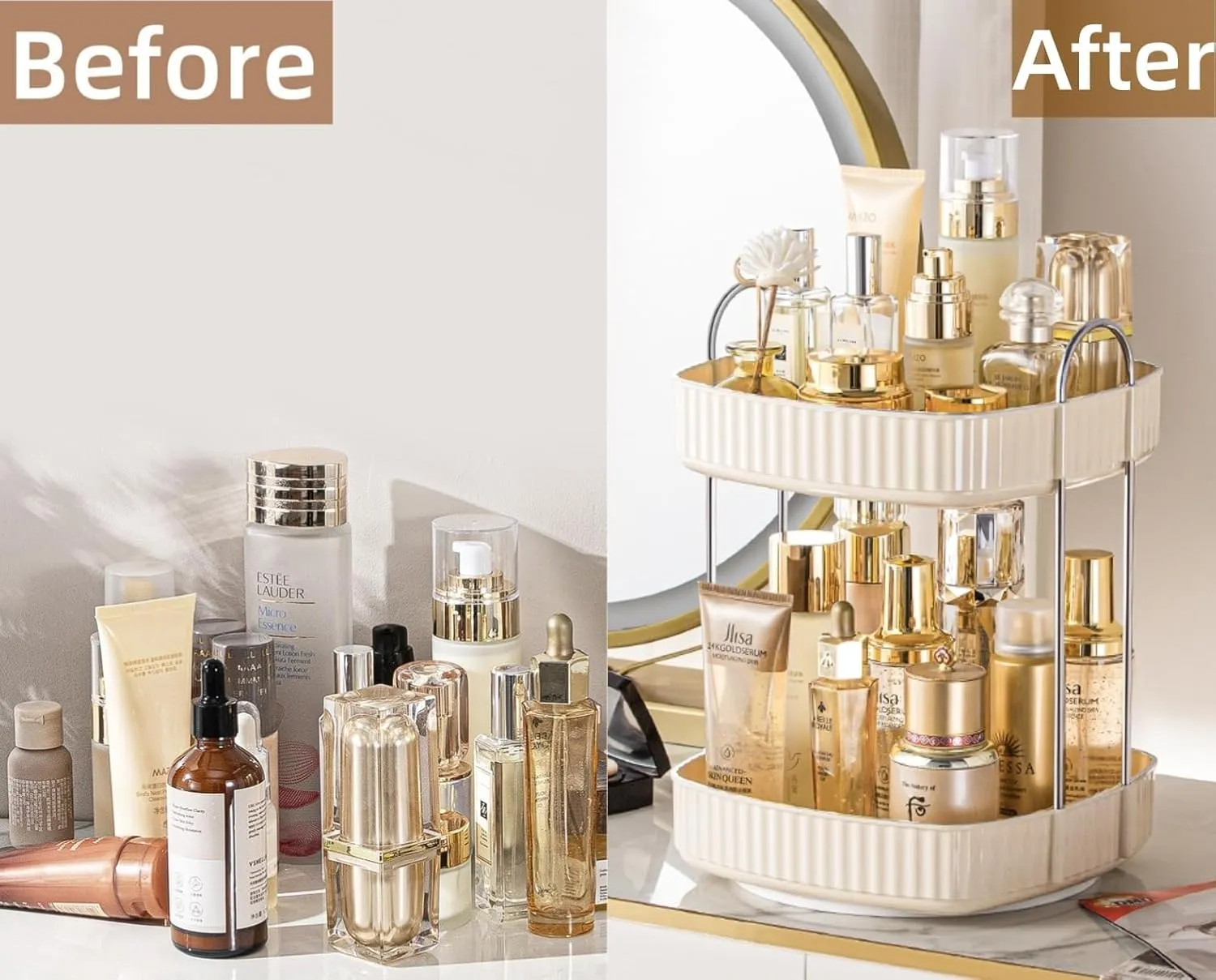 360 Rotating Makeup Organizer, Spinning Bathroom Countertop, Large Capacity Cosmetics Skincare Organizer for Vanity Dresser Table (Cream, 2 Tiers)