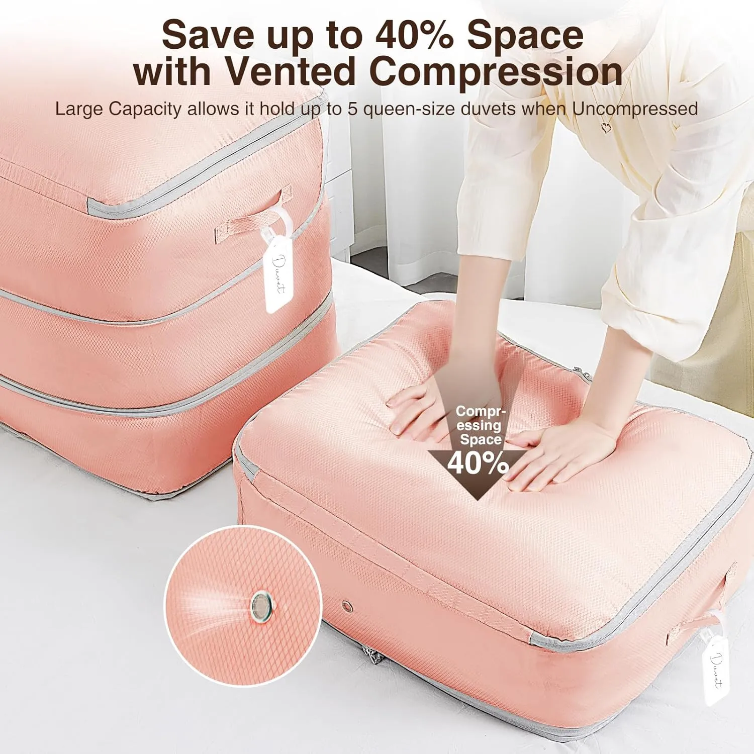 4 Pack Compression Storage Bags - 110L Large Capacity Comforter Storage Bag, 3-Layer Washable Ultra Space Saving Self Compression Organizer Space Bags for Blankets, Sweaters, Sheets, Pink
