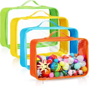 4 Pcs Extra Large Toy Storage Bags with Zipper 12.6'' Clear PVC Organizing Bags Reusable Toy Organizer Travel Waterproof with Handle for Board Games Building Blocks Puzzle(Multicolor)