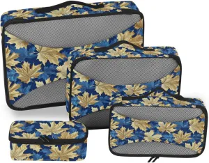 4 Pcs set organizer bags for Mesh Travel Essentials Blue and Gold Vintage Maple Leaf portable cubes for packing