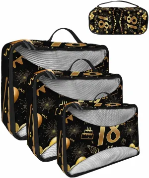 4 Set Packing Cubes - Happy Birthday 18th with Words Gold Packing Cubes for Carry on Suitcase Lightweight Travel Essential Bag for Clothes Shoes Cosmetics Toiletry