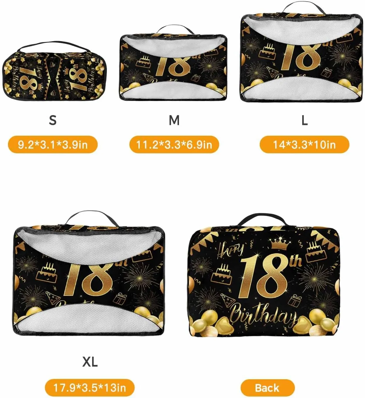 4 Set Packing Cubes - Happy Birthday 18th with Words Gold Packing Cubes for Carry on Suitcase Lightweight Travel Essential Bag for Clothes Shoes Cosmetics Toiletry