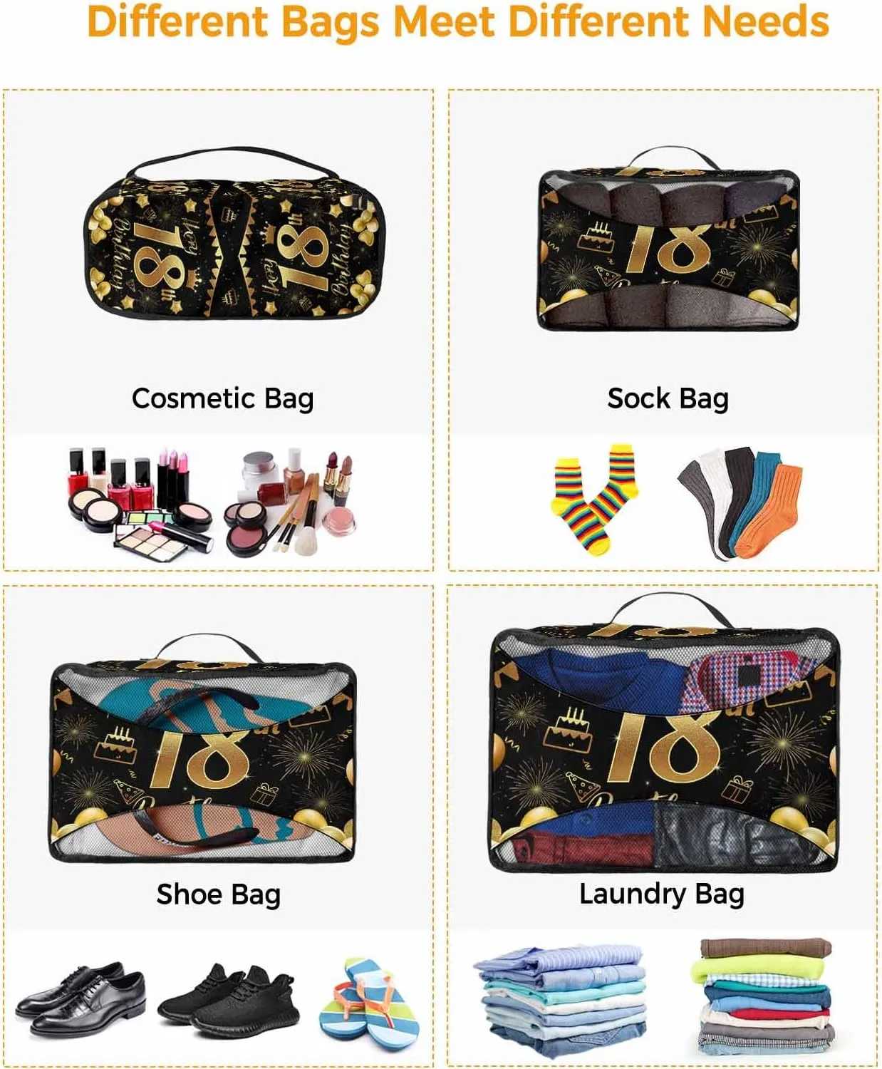 4 Set Packing Cubes - Happy Birthday 18th with Words Gold Packing Cubes for Carry on Suitcase Lightweight Travel Essential Bag for Clothes Shoes Cosmetics Toiletry