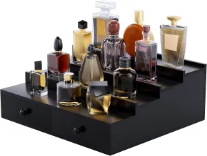 4 Tier Wooden Cologne Organizer with Drawer Storage and Hidden Compartment, Black Perfume Display Stand