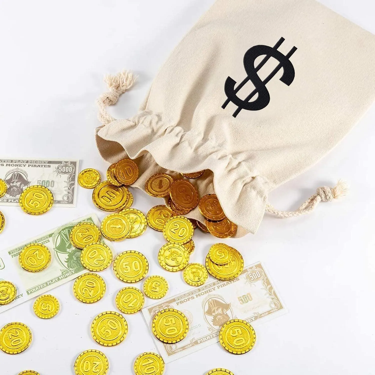 4Pcs 6.3 x 9 Inches Canvas Money Bags - Halloween Prop Money Bag with Dollar Sign, Money Sacks for Bank Robber Costume Pirate Cosplay Theme Party
