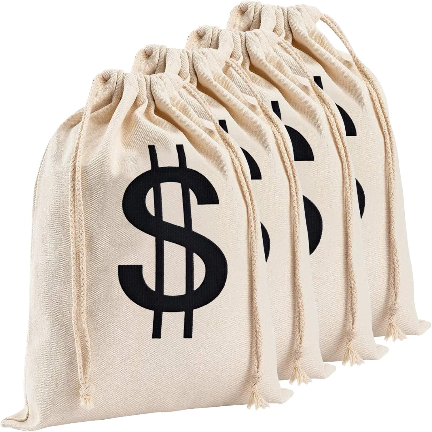 4Pcs 6.3 x 9 Inches Canvas Money Bags - Halloween Prop Money Bag with Dollar Sign, Money Sacks for Bank Robber Costume Pirate Cosplay Theme Party