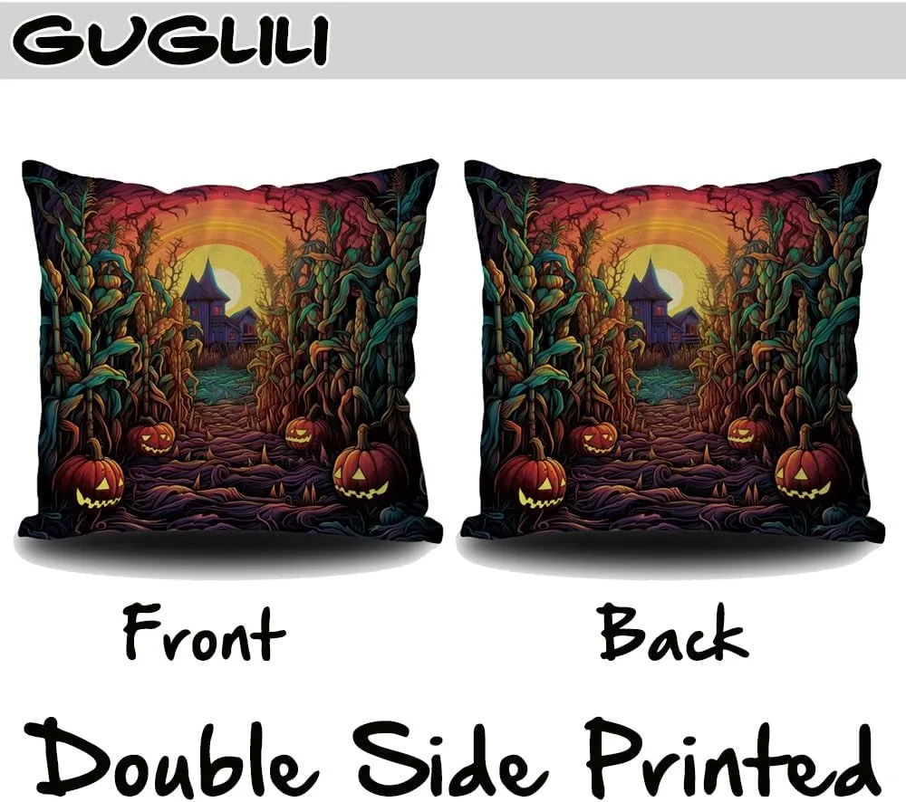 4Pcs Halloween Throw Pillow Covers 18x18 Inch Menacing Haunted Halloween Witch Coven Throw Pillow Case Linen Square Cushion Covers for Horror Theme Party Decor Living Room Decor