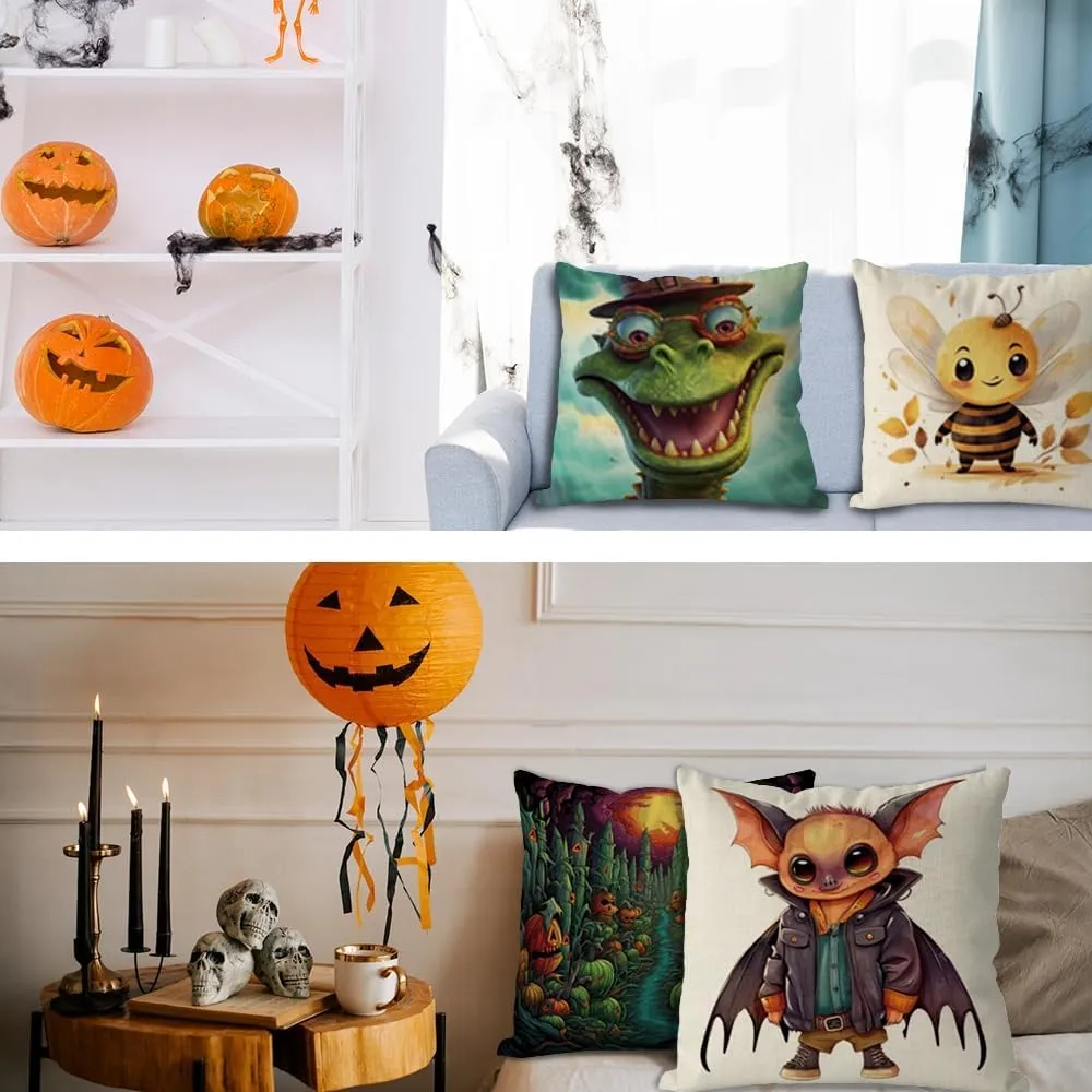 4Pcs Halloween Throw Pillow Covers 18x18 Inch Menacing Haunted Halloween Witch Coven Throw Pillow Case Linen Square Cushion Covers for Horror Theme Party Decor Living Room Decor
