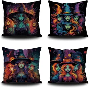 4Pcs Halloween Throw Pillow Covers 18x18 Inch Menacing Haunted Halloween Witch Coven Throw Pillow Case Linen Square Cushion Covers for Horror Theme Party Decor Living Room Decor