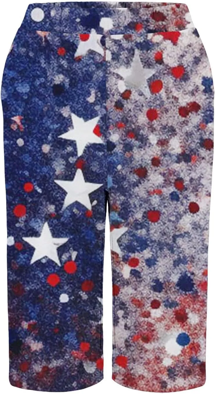 4th of July Bermuda Linen Shorts for Women Wide Leg Knee Length Long Shorts Summer Loose American Flag Printed Pants