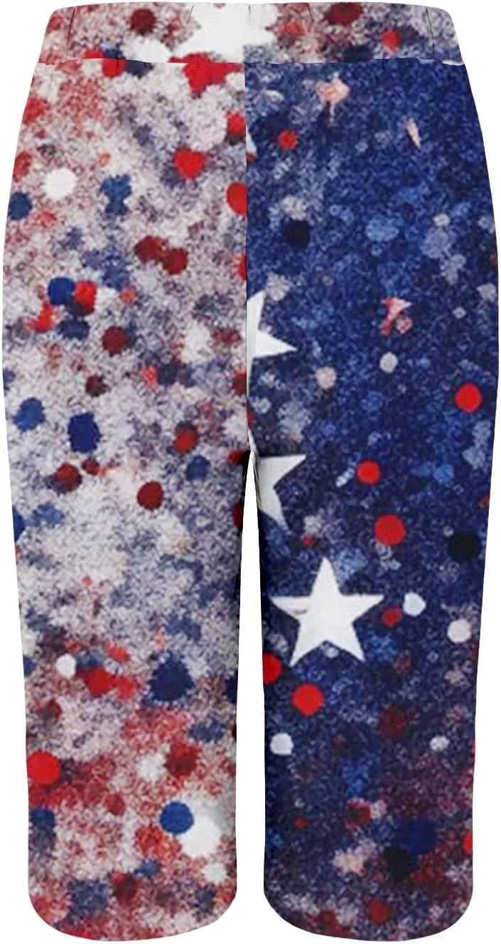 4th of July Bermuda Linen Shorts for Women Wide Leg Knee Length Long Shorts Summer Loose American Flag Printed Pants