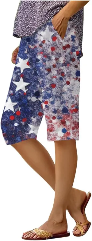 4th of July Bermuda Linen Shorts for Women Wide Leg Knee Length Long Shorts Summer Loose American Flag Printed Pants