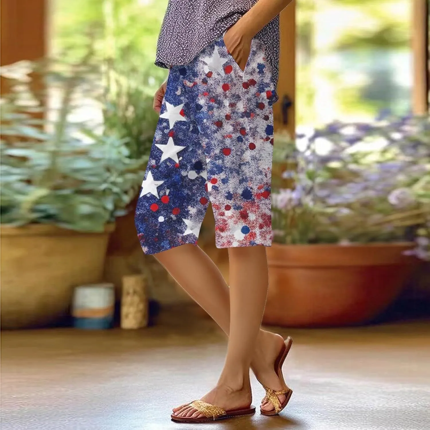 4th of July Bermuda Linen Shorts for Women Wide Leg Knee Length Long Shorts Summer Loose American Flag Printed Pants
