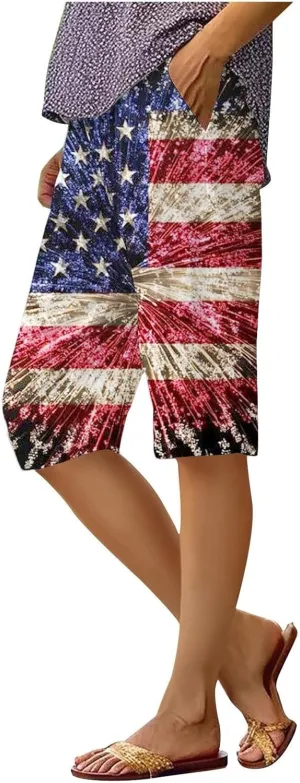 4th of July Linen Pants Women 2025 Summer Patriotic Cotton Linen Capri Shorts Lightweight American Flag Short Pants