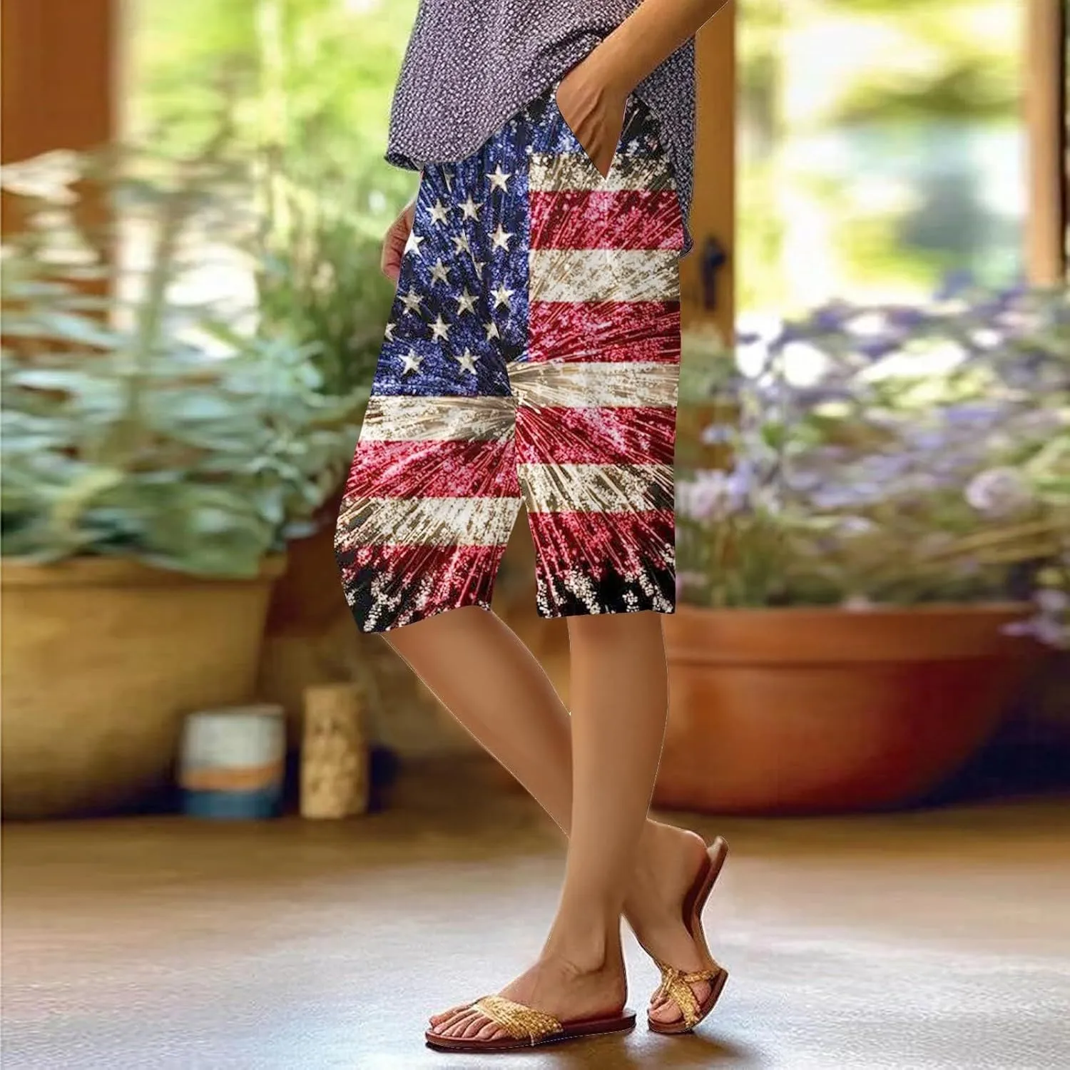 4th of July Linen Pants Women 2025 Summer Patriotic Cotton Linen Capri Shorts Lightweight American Flag Short Pants