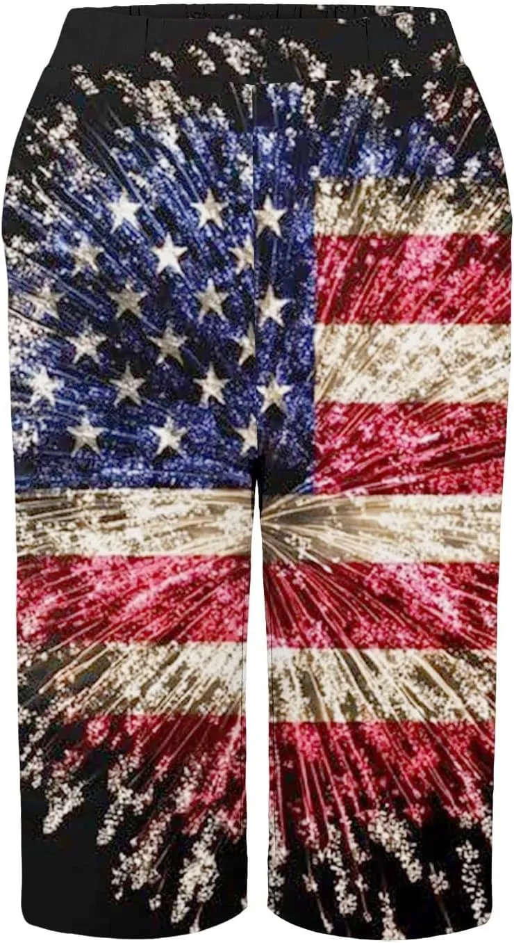 4th of July Linen Pants Women 2025 Summer Patriotic Cotton Linen Capri Shorts Lightweight American Flag Short Pants