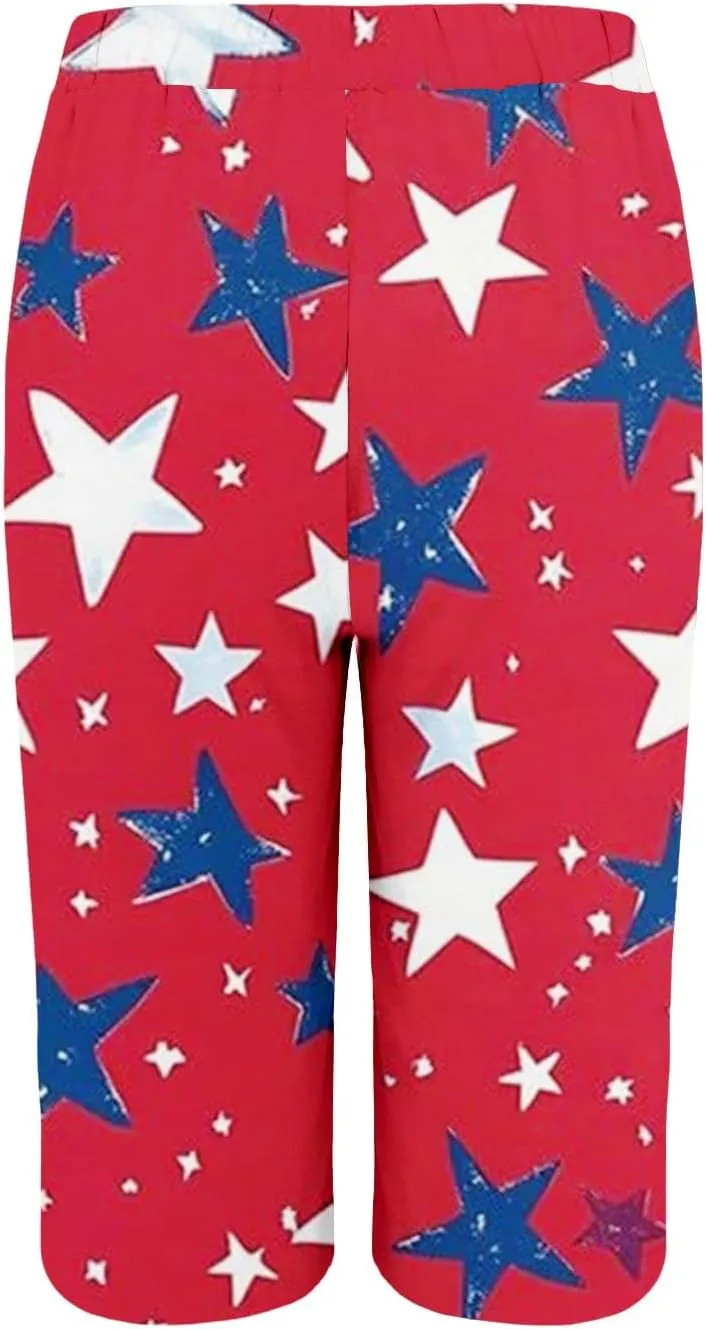 4th of July Linen Pants Women 2025 Summer Patriotic Cotton Linen Capri Shorts Lightweight American Flag Short Pants